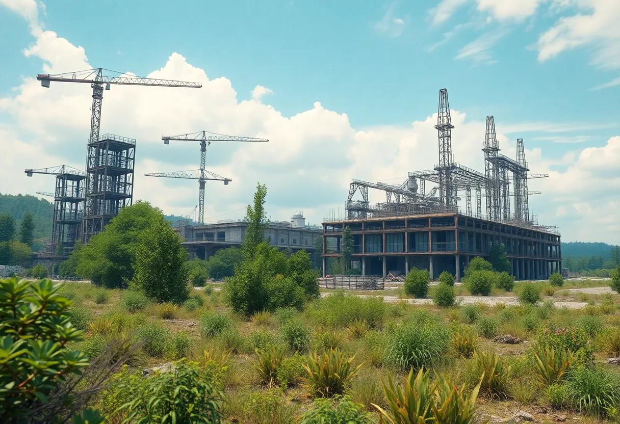 View of an abandoned electric vehicle battery plant construction site with vegetation growing over unused machinery.