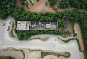 Aerial view of an abandoned electric vehicle plant site in Michigan