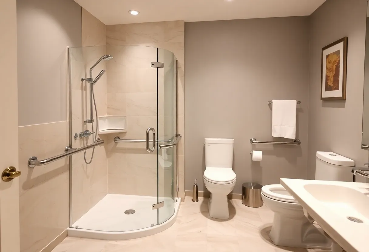 A beautifully designed accessible bathroom with walk-in shower and grab bars.