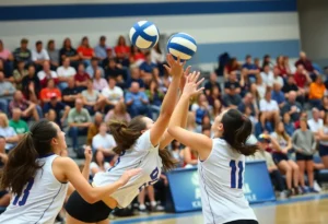 High school girls' volleyball match with players in action