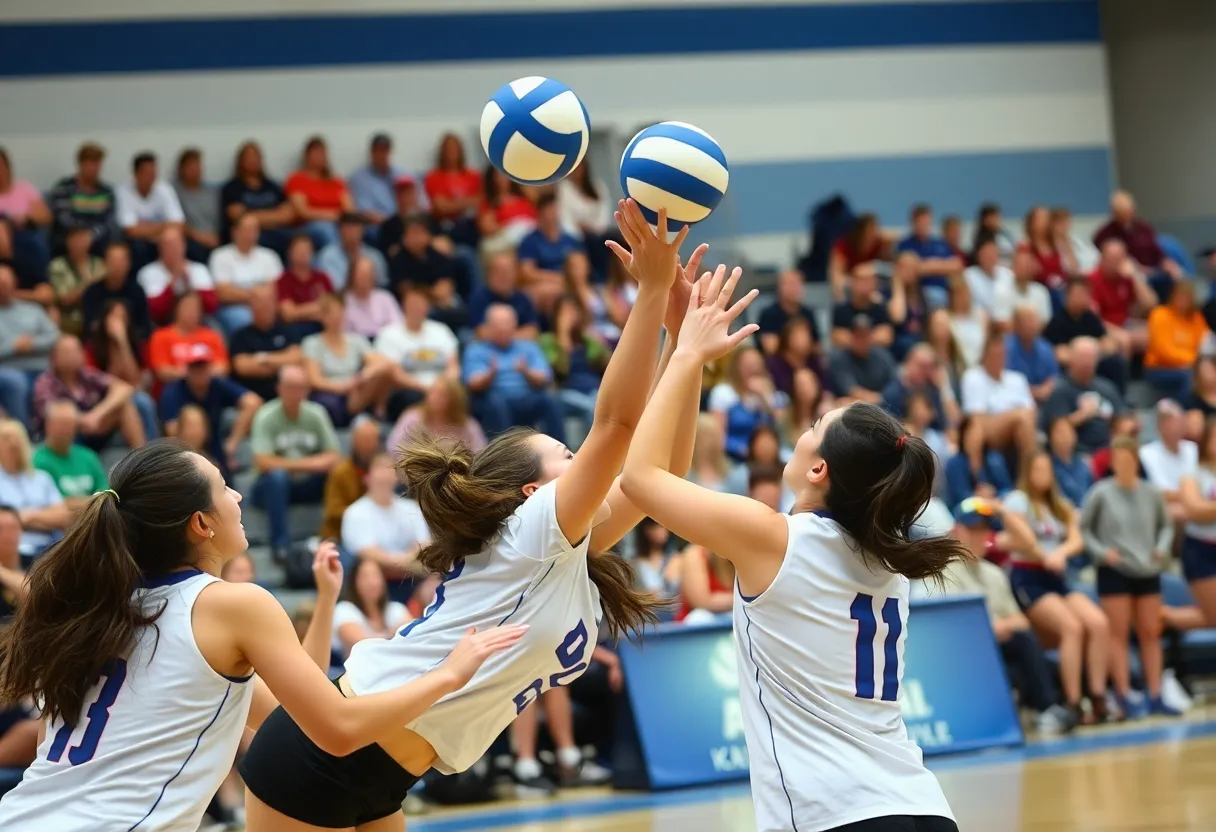 High school girls' volleyball match with players in action
