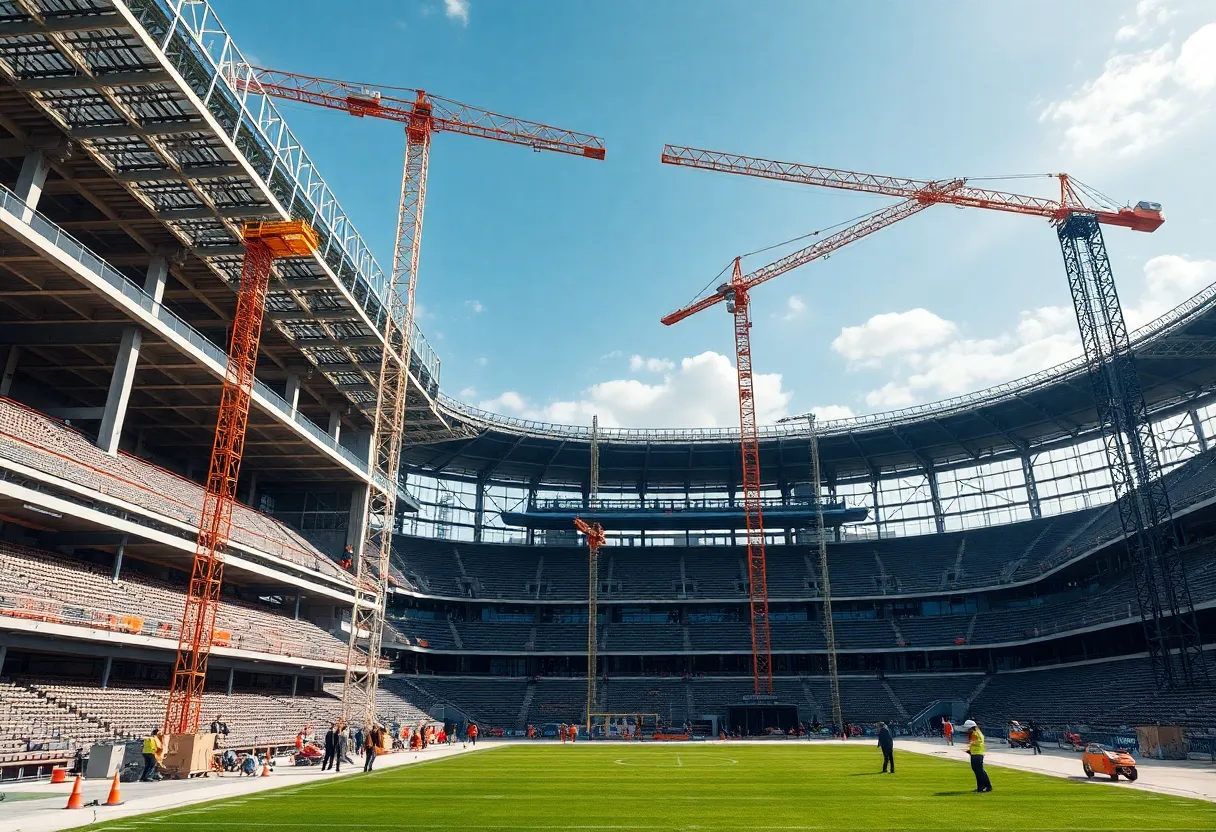 Construction site of Beaver Stadium renovation with cranes and workers