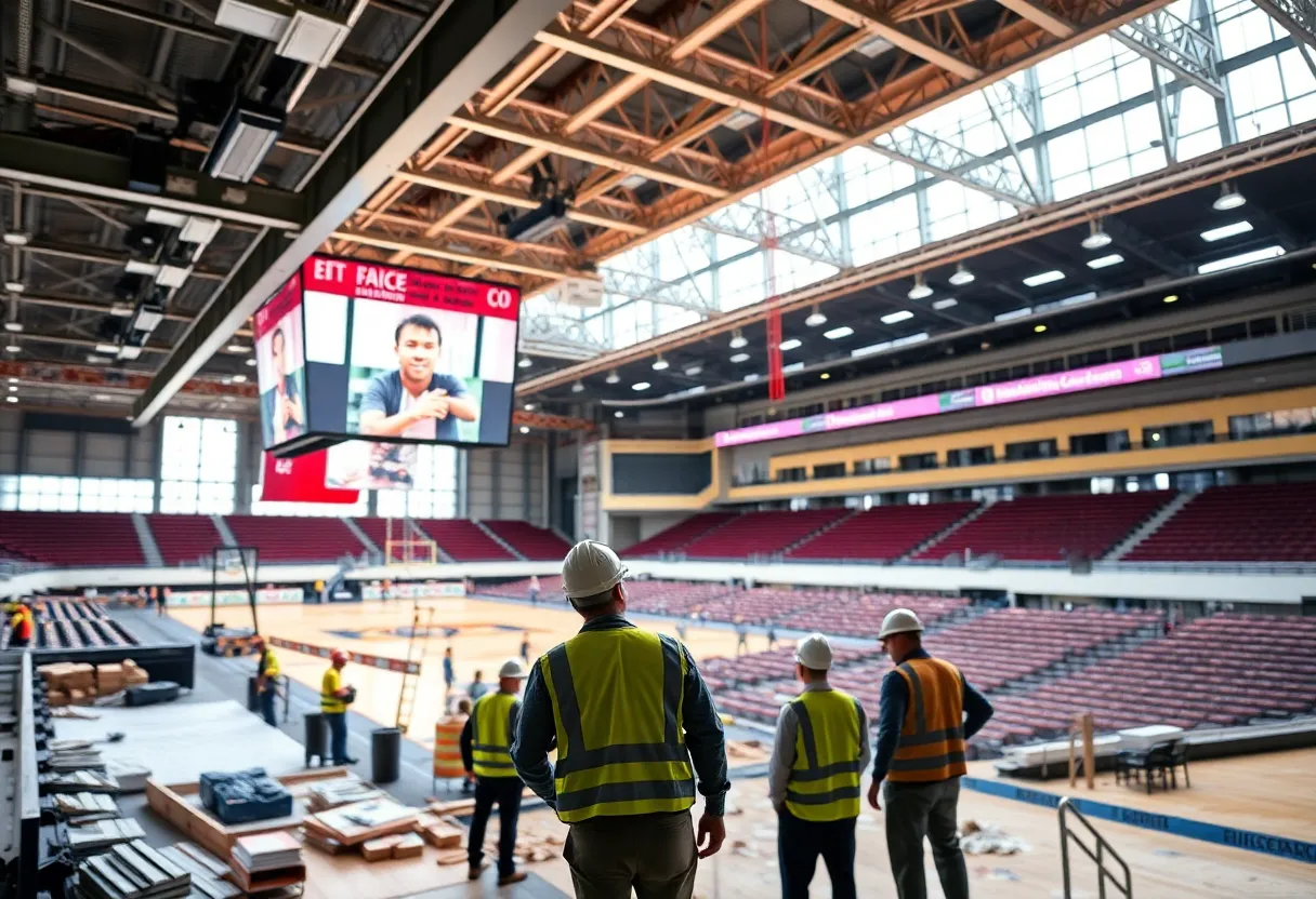 Image of Calihan Hall undergoing renovation with construction equipment.