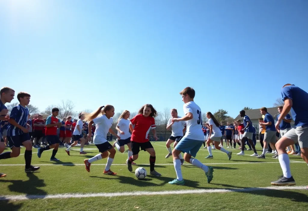 Soccer players in action during a match between Canton High School and Plymouth Wildcats.