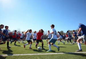 Soccer players in action during a match between Canton High School and Plymouth Wildcats.