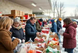 People receiving food assistance at a community pantry in Michigan