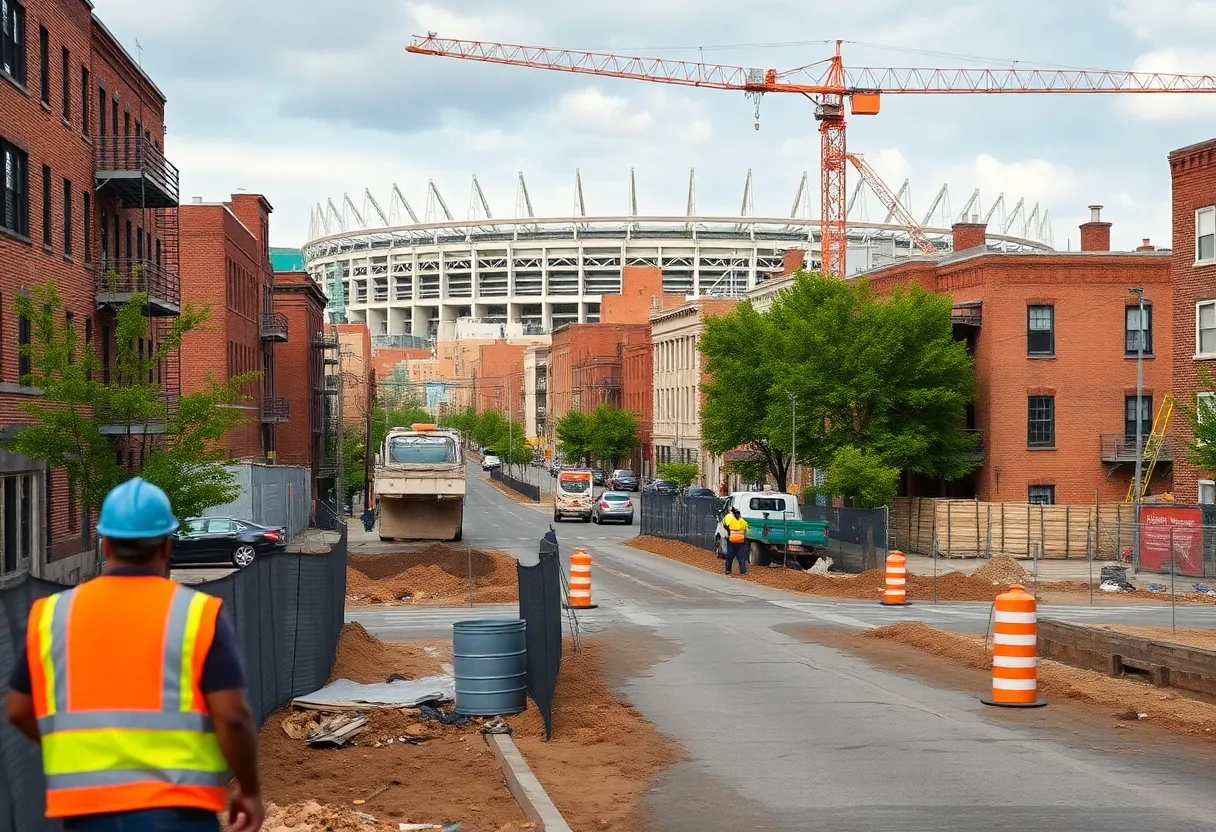 Construction workers improving the Corktown neighborhood for infrastructure development