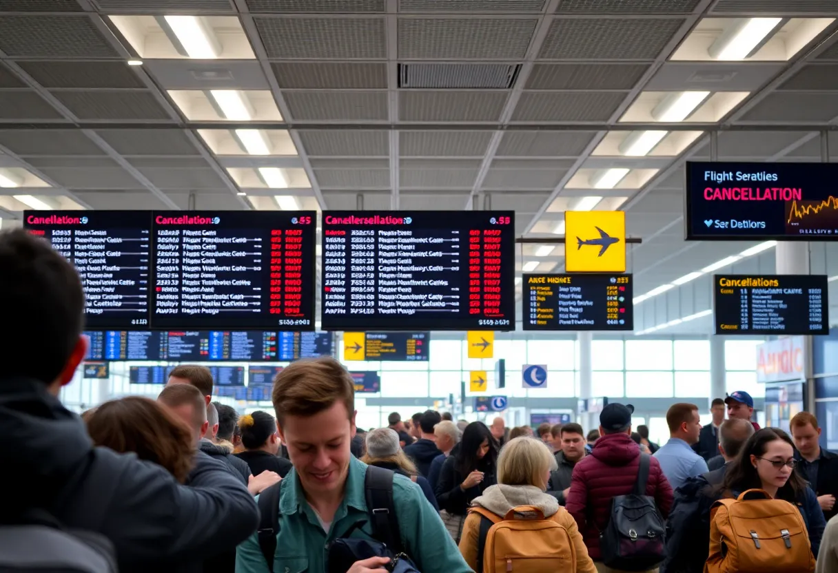 Crowded airport terminal with delayed flight boards