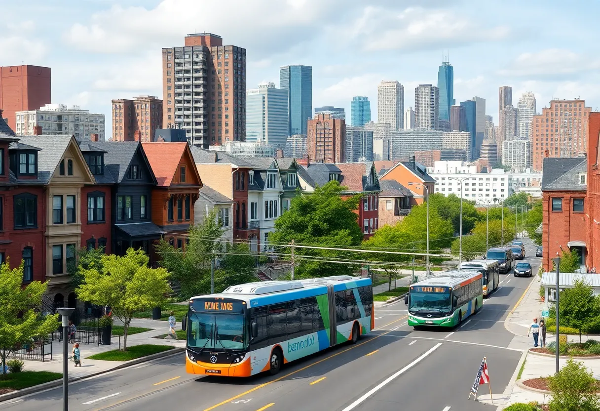 A view of renovated buildings and transit systems in Detroit representing infrastructure improvement.