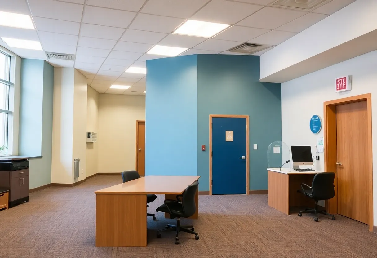 Interior of a recently renovated Secretary of State office with new carpets and paint.