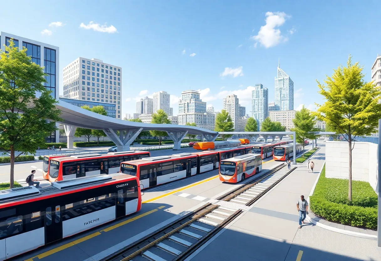 Rendering of Detroit multimodal transit hub with buses and trains
