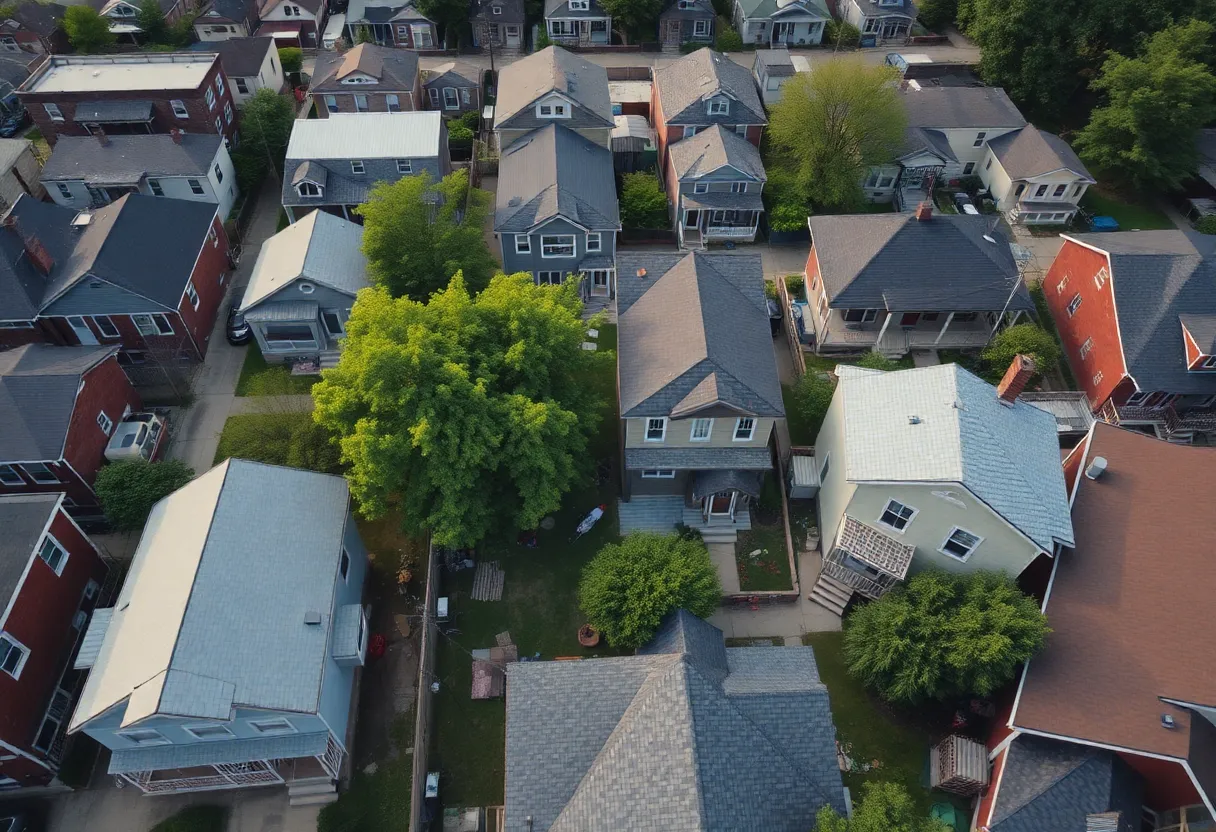 Aerial view of a neighborhood under renovation in Detroit