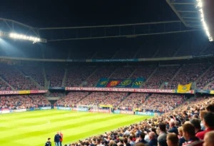 Fans cheering in a stadium during the Devon derby match