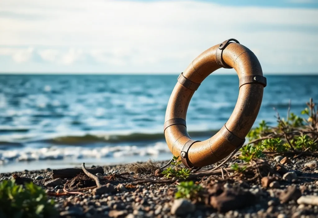Life ring found on Lake Superior's shore, representing maritime history.