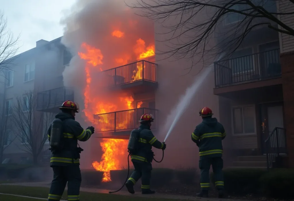 Firefighters extinguishing a blaze at Farmington Plaza Apartments