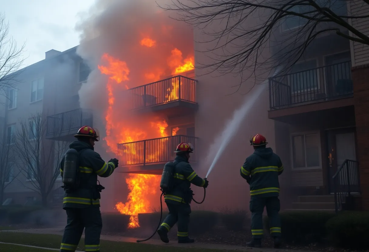 Firefighters extinguishing a blaze at Farmington Plaza Apartments