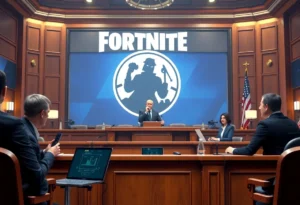 Courtroom scene depicting a Fortnite lawsuit