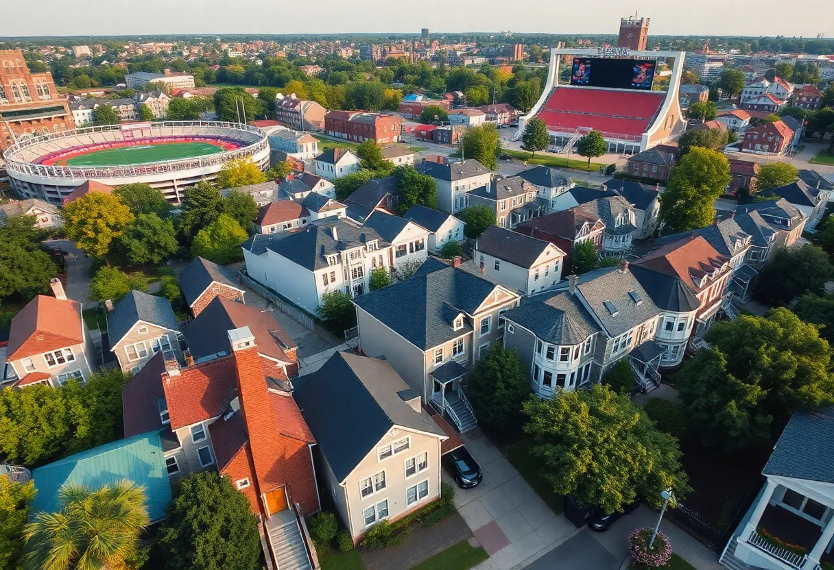Aerial view of neighborhood showing homes near college stadium during game day