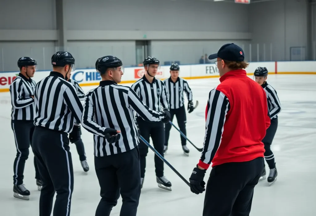Hockey officials in training during skating drills