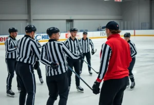 Hockey officials in training during skating drills