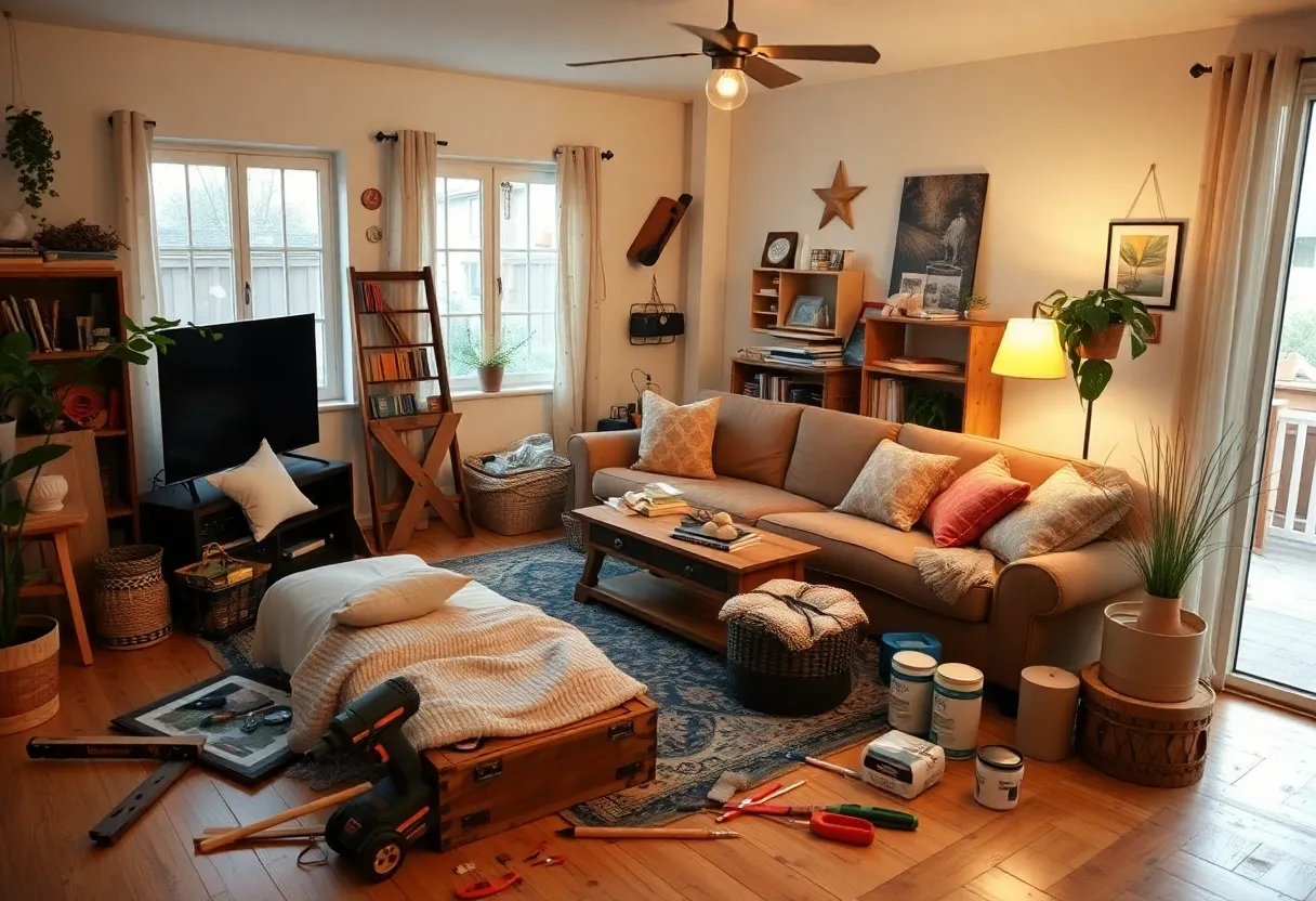 A beautifully renovated living room with home repair tools