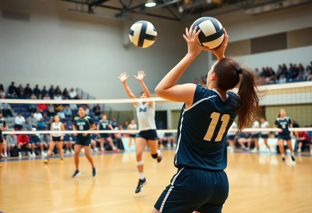 Illinois volleyball team celebrating a victory against Michigan State