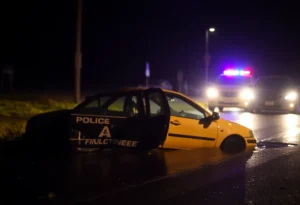 Car accident scene at night in Taylor, MI involving a submerged vehicle