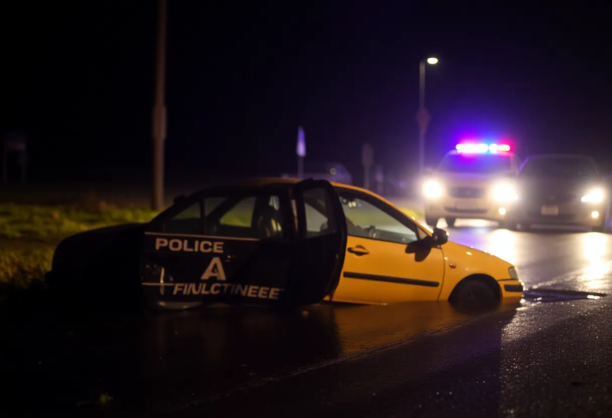 Car accident scene at night in Taylor, MI involving a submerged vehicle