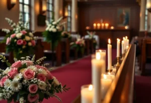 Memorial service setting with floral arrangements.