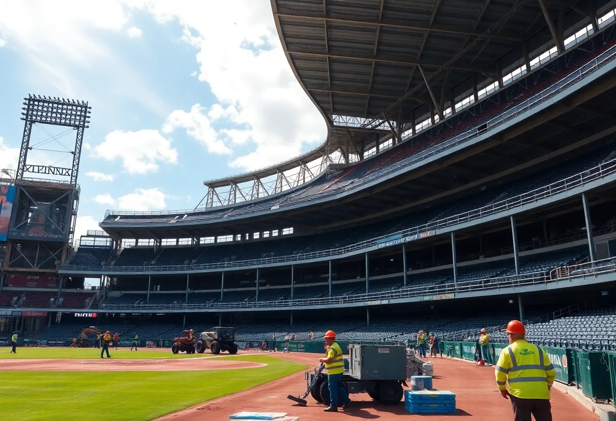 Construction workers renovating LMCU Ballpark
