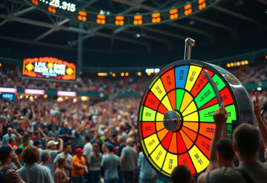 A lively lottery event showcasing a spinning prize wheel with an excited audience in the background at Comerica Park.
