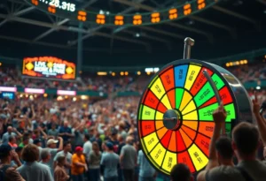 A lively lottery event showcasing a spinning prize wheel with an excited audience in the background at Comerica Park.
