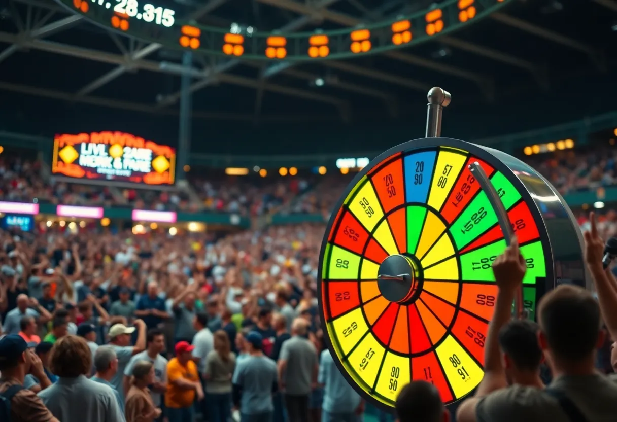 A lively lottery event showcasing a spinning prize wheel with an excited audience in the background at Comerica Park.