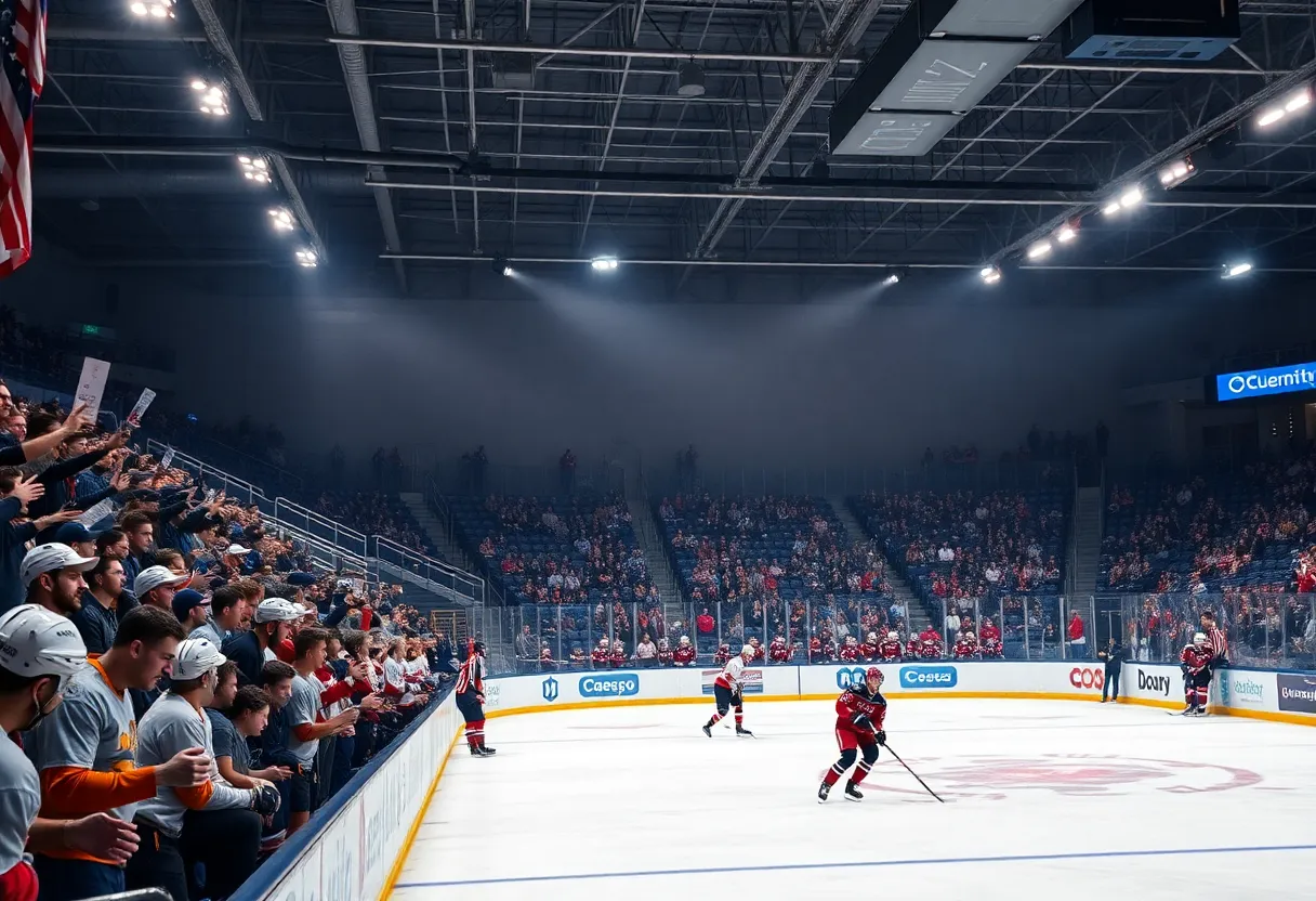 A college hockey game in action with players competing on the ice.