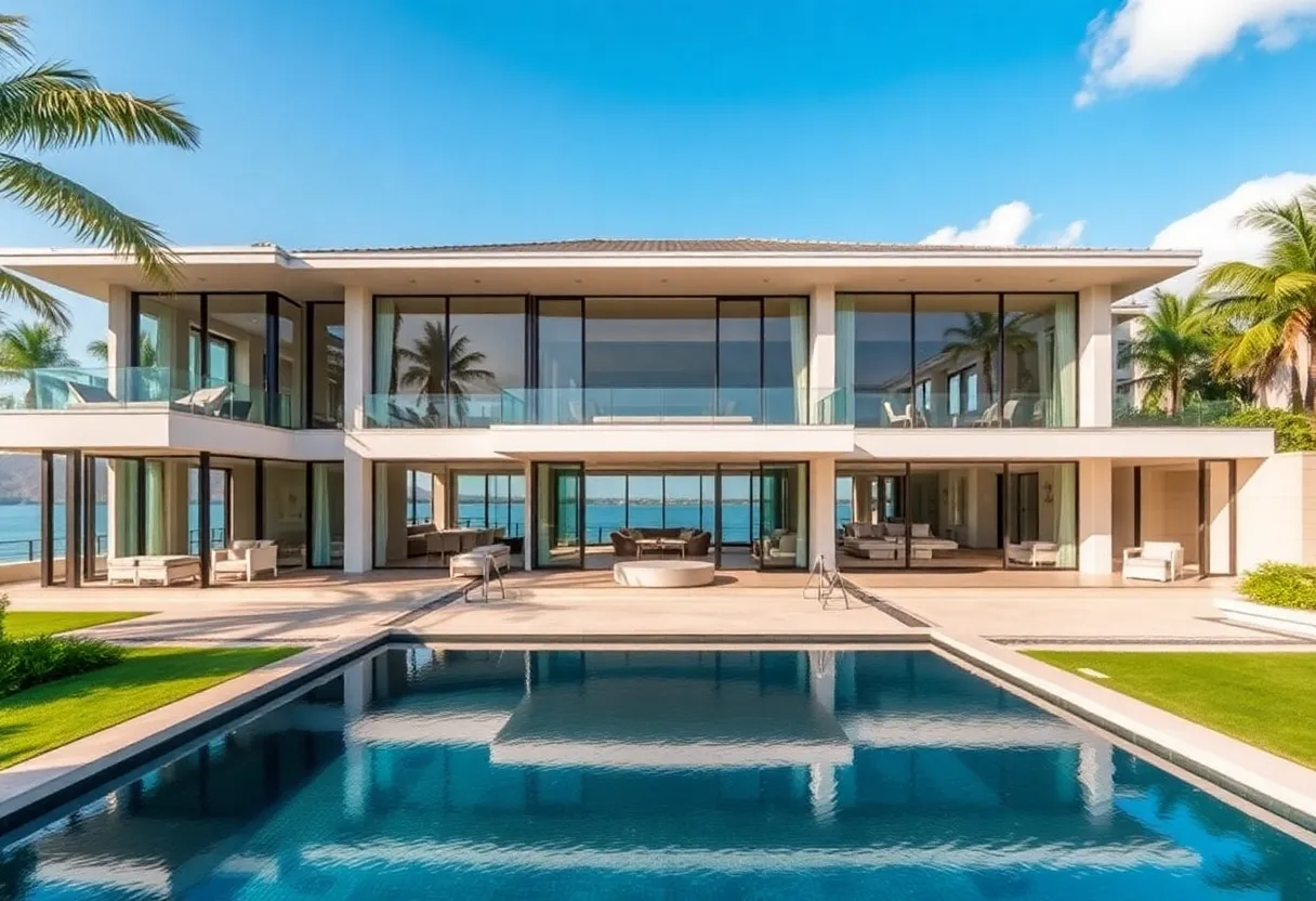 Exterior view of a luxury mansion showcasing modern architecture and beautiful landscaping.