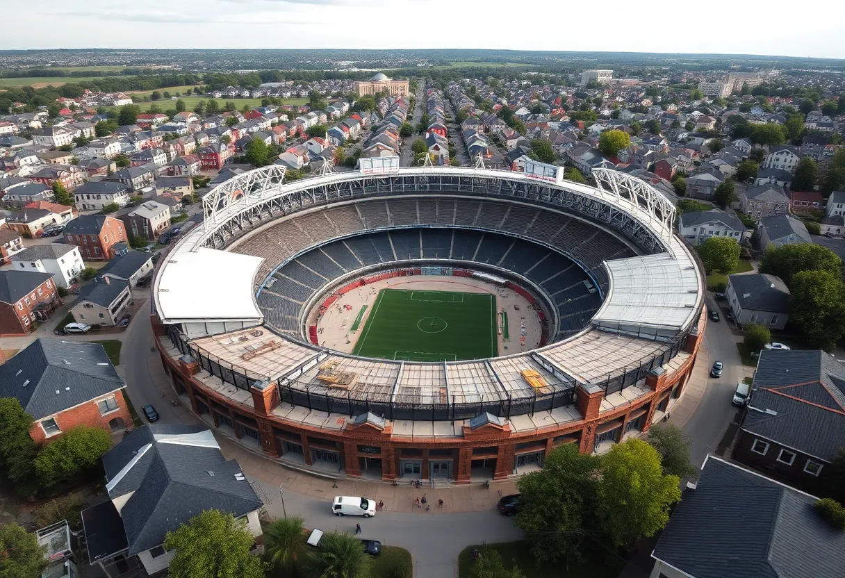 Aerial view of Memorial Stadium renovations surrounded by homes