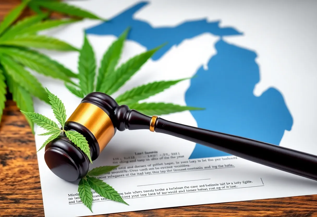 Gavel and cannabis leaves with Michigan state outline