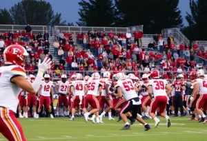 Players in a Michigan high school football game, showcasing teamwork and excitement.