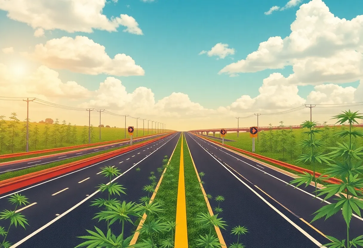 Illustration of Michigan's infrastructure and marijuana plants