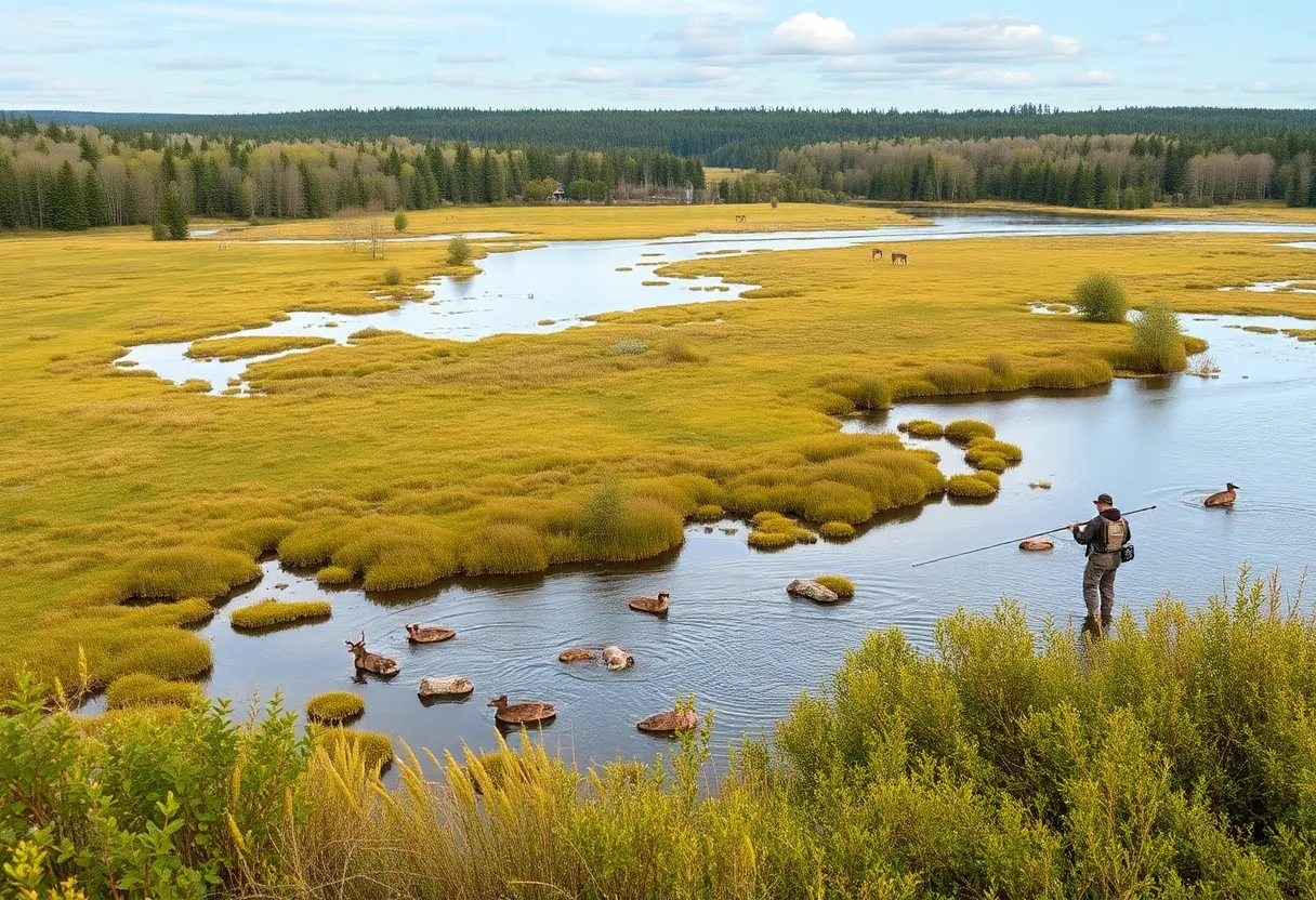 Michigan natural landscape with wildlife and fishing activities