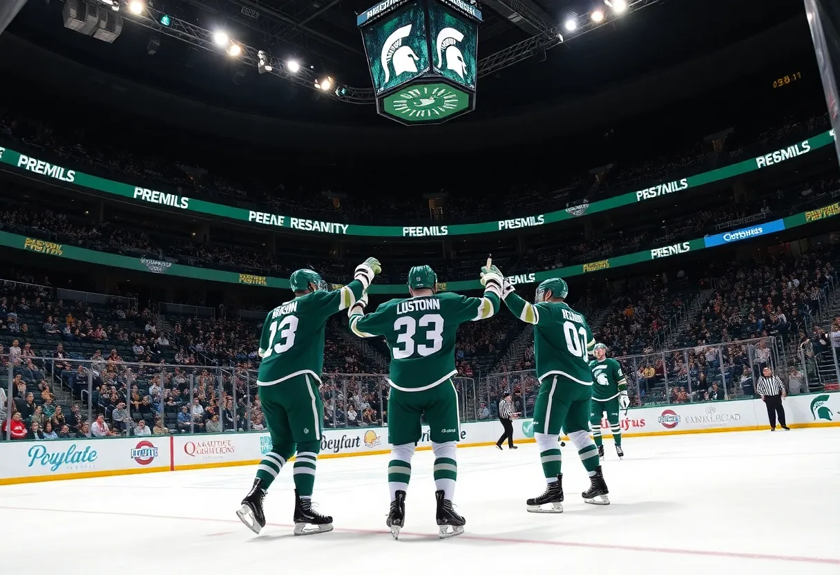 Michigan State hockey players celebrating a goal during a match.