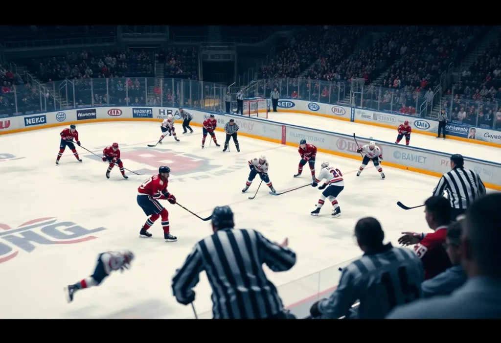 Players celebrating after a hockey victory