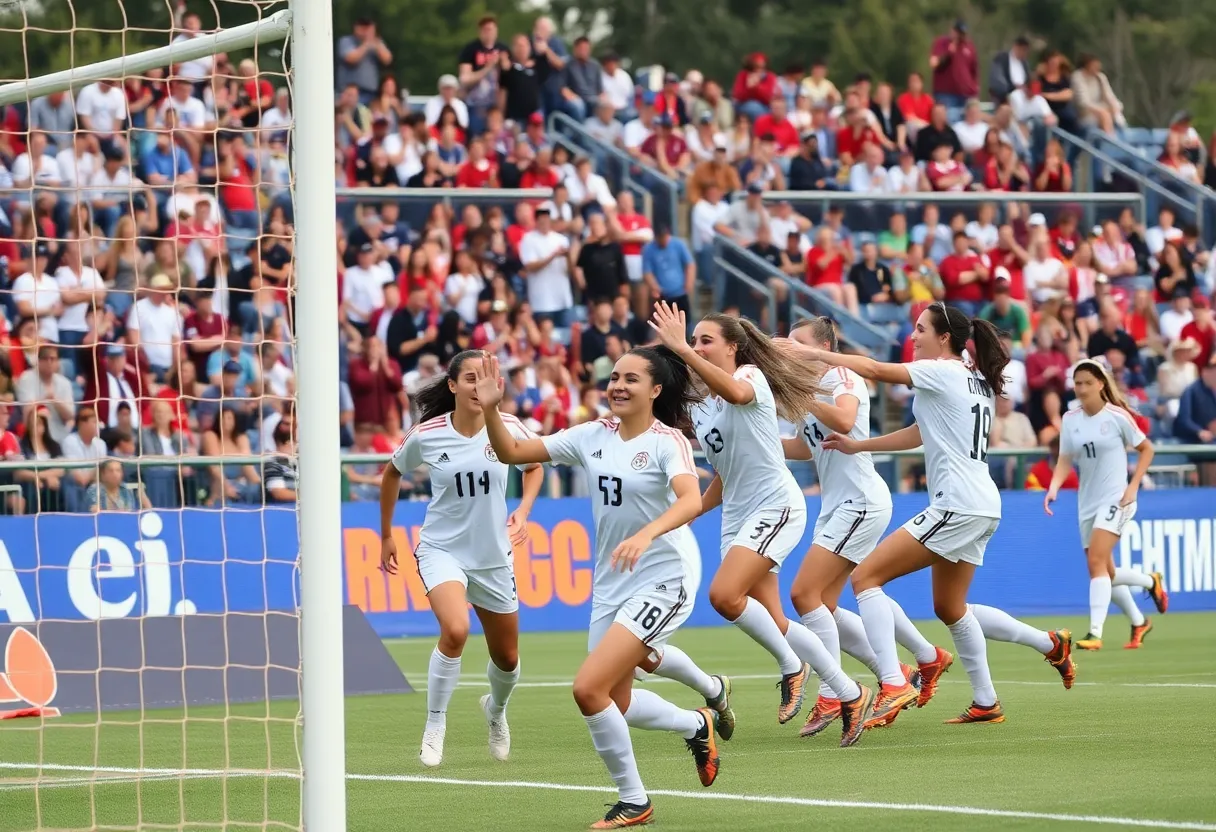 Michigan State soccer players celebrating after a goal during a match