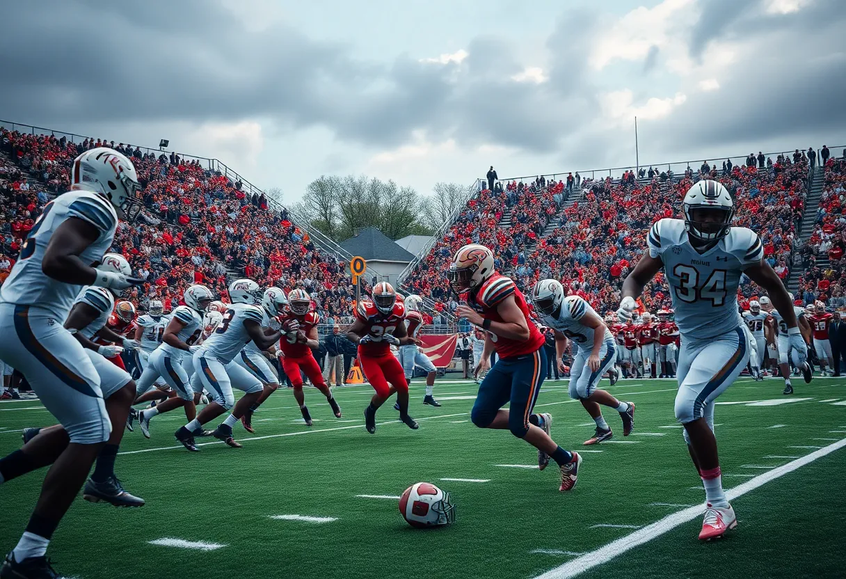 Players from Michigan State and Indiana competing in a college football game.