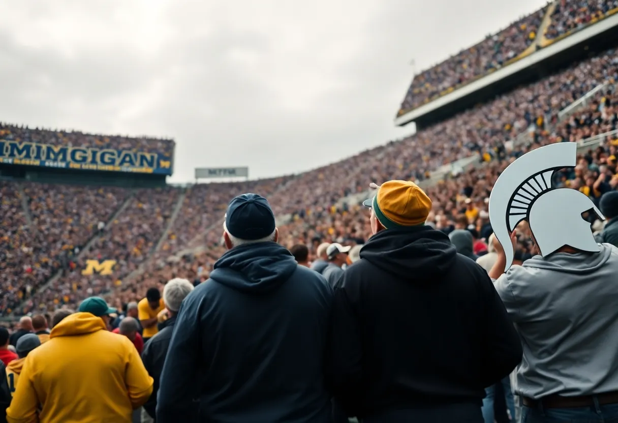 Fans cheering at a college football rivalry game between Michigan Wolverines and Michigan State Spartans