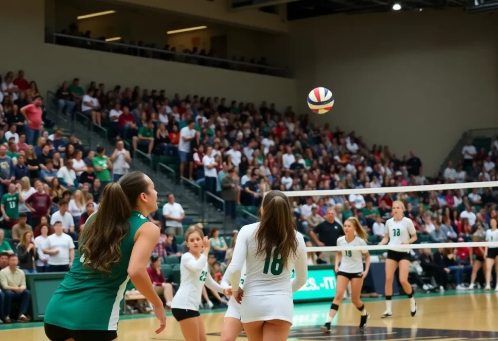 Nebraska volleyball team celebrating during match at Breslin Center