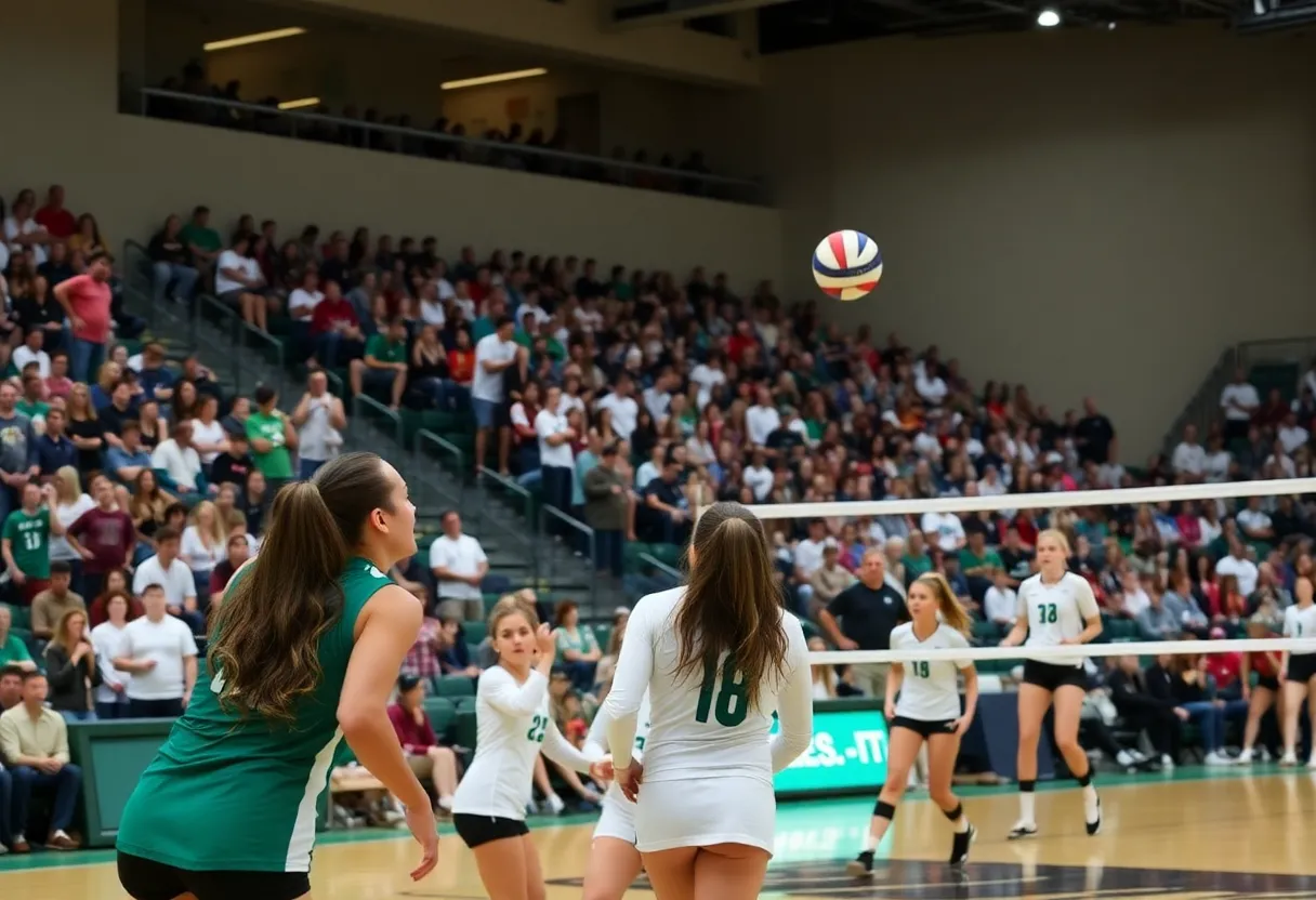 Nebraska volleyball team celebrating during match at Breslin Center