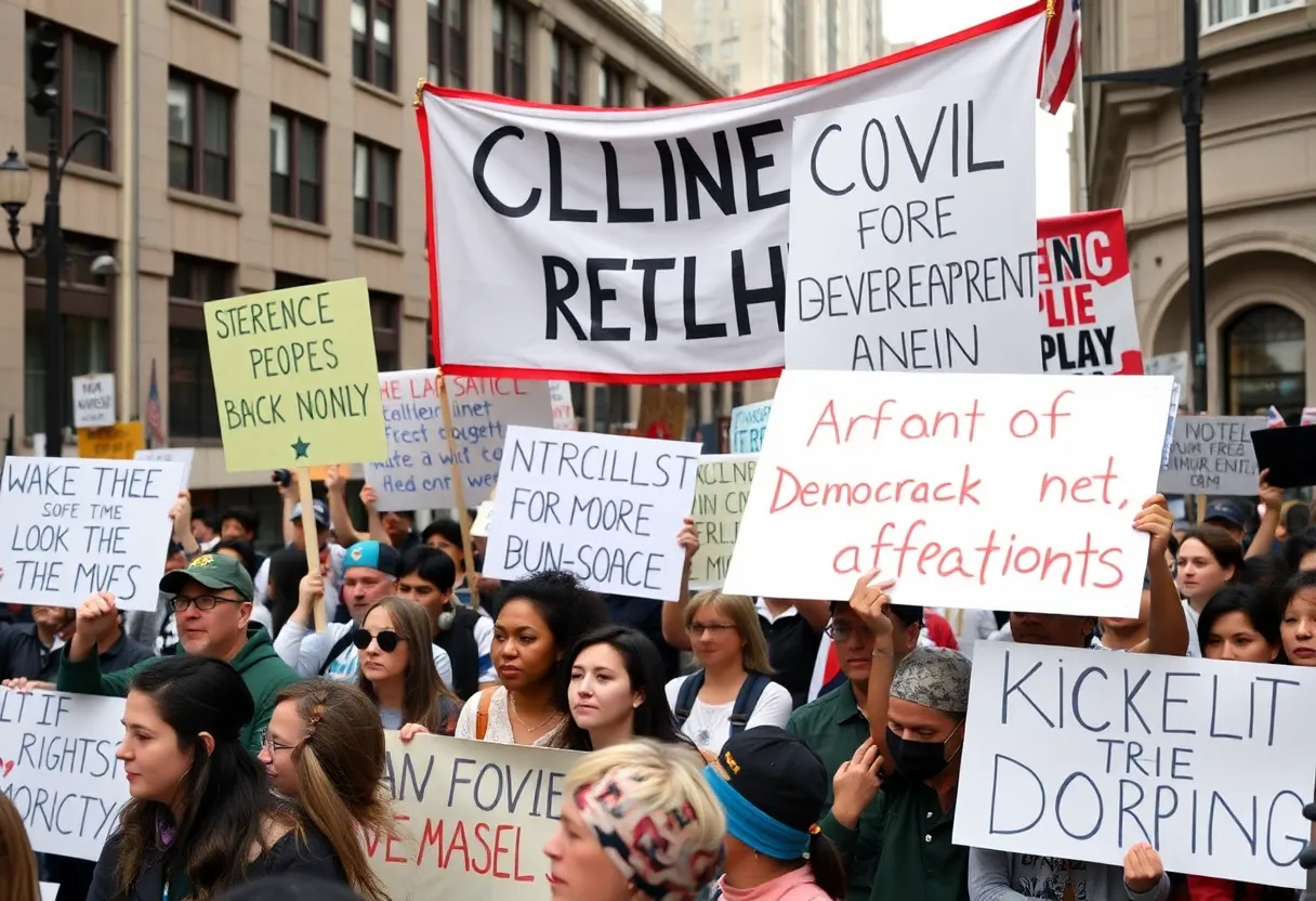 Participants at the No Kings protest rally holding signs and banners.