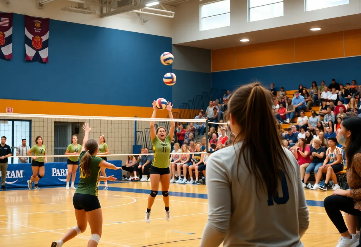 Plymouth Christian Academy volleyball players during a match