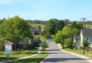 Suburban neighborhood in Plymouth with houses and community signage.